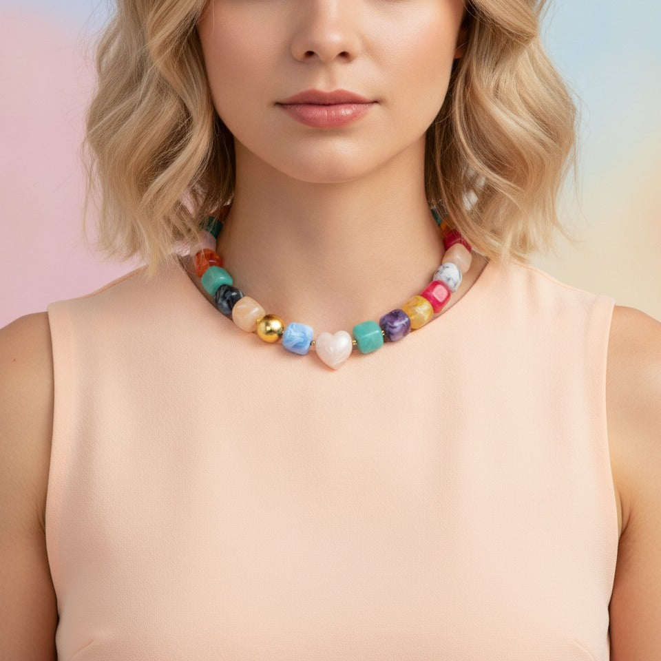 Rainbow Candy Cube Beaded Necklace - Multi