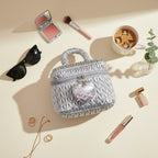 Silver Puffed Cosmetic Bag With Pink Heart Charm