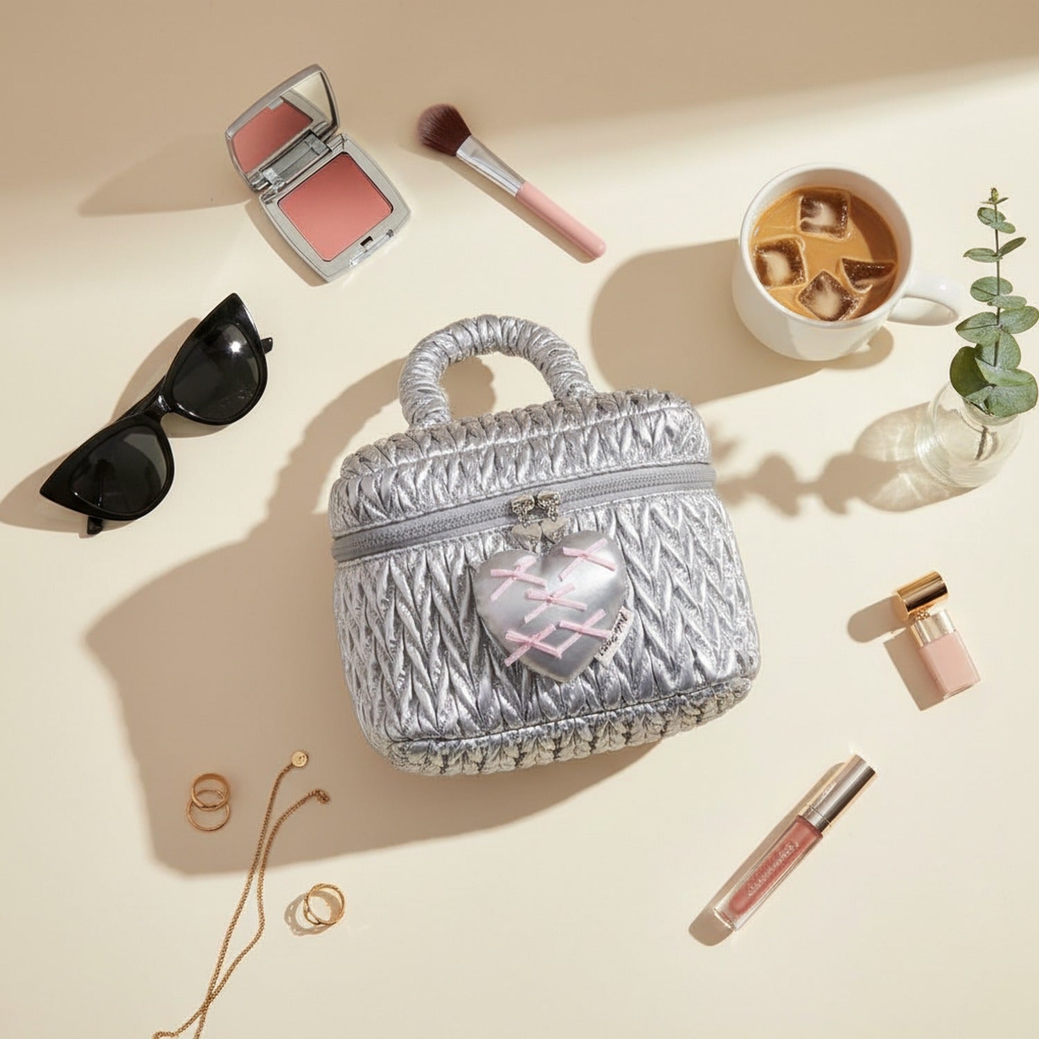 Silver Puffed Cosmetic Bag With Pink Heart Charm