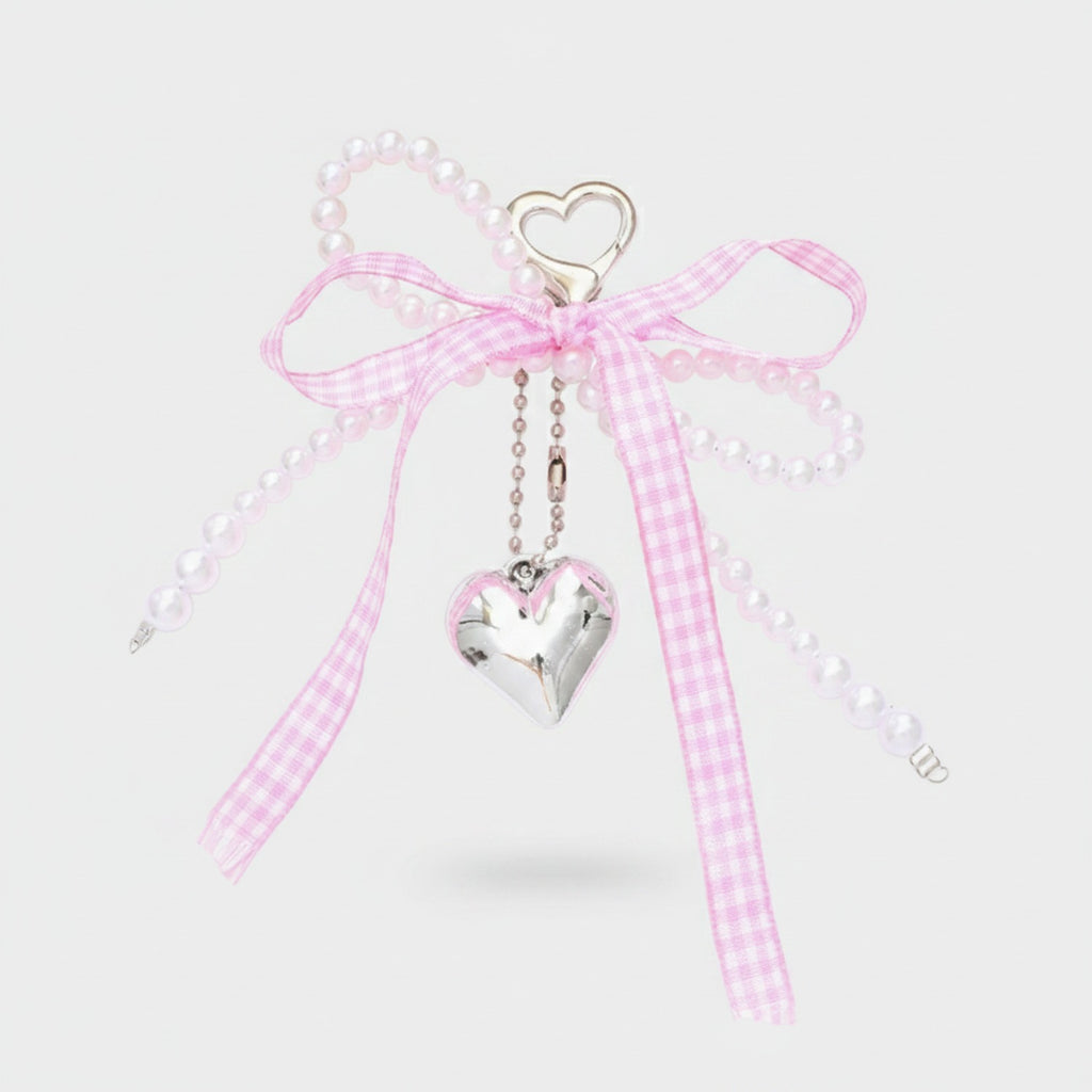 Pearl Beaded Heart Charm Keyring With Pink Bow