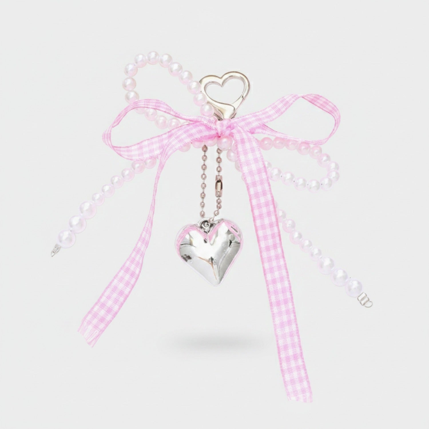 Pearl Beaded Heart Charm Keyring With Pink Bow