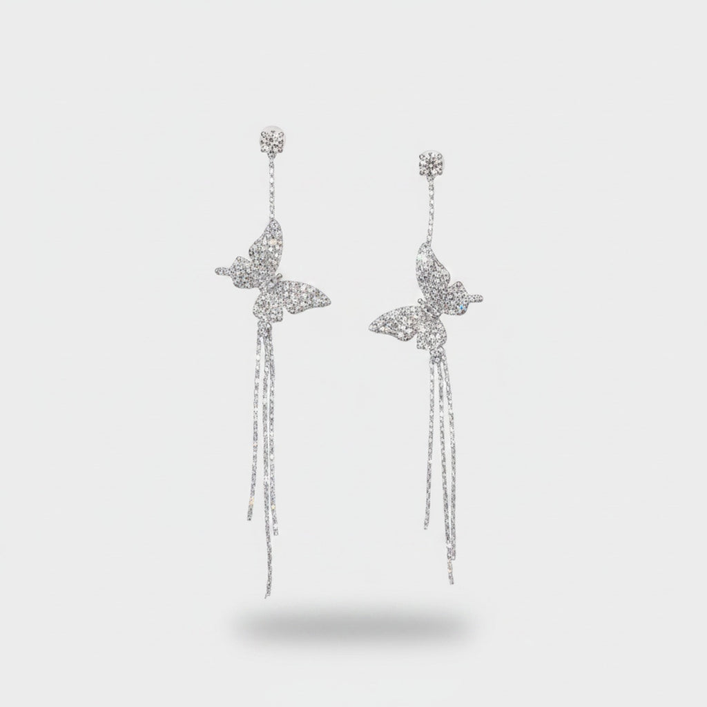 Butterfly Rhinestone Chain Drop Earrings Silver