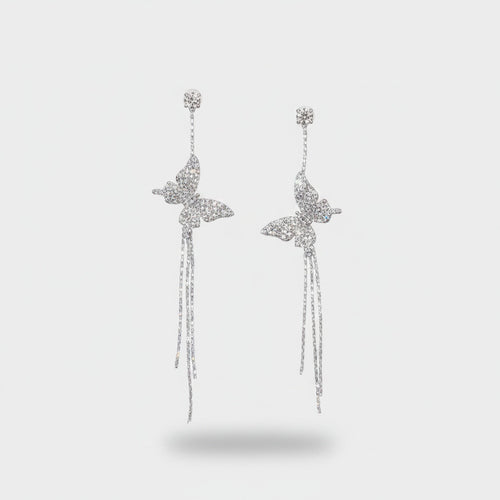 Butterfly Rhinestone Chain Drop Earrings Silver – jewelry (view 1)