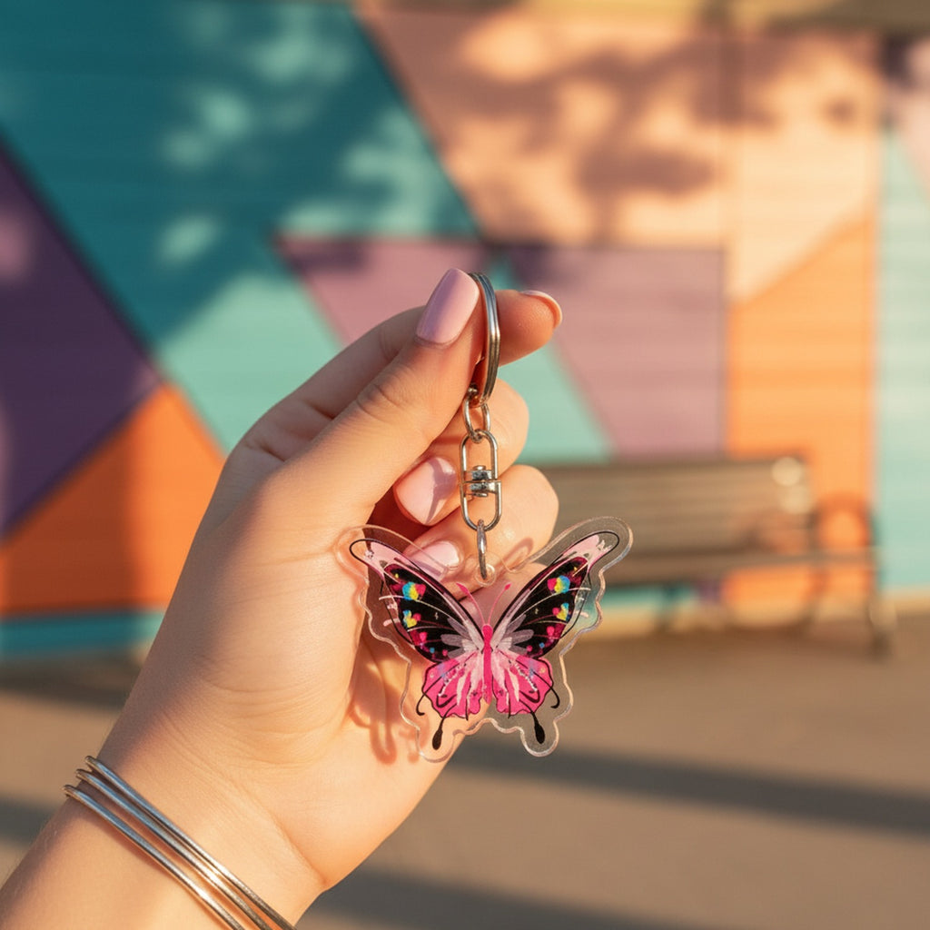 Butterfly Acrylic Keyring Charm Pink Black