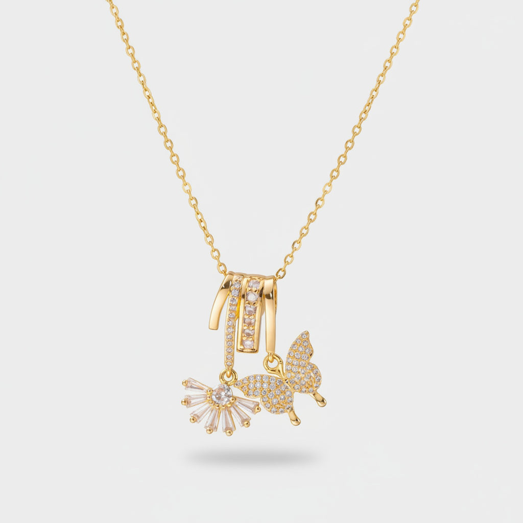 Gold Butterfly Flower Charm Rhinestone Necklace