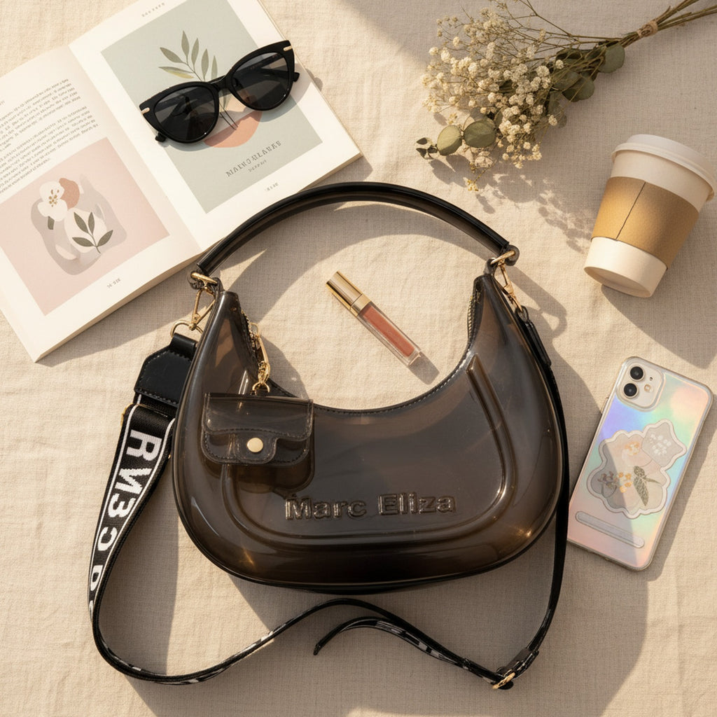 Glossy Black Hobo Handbag With Striped Strap