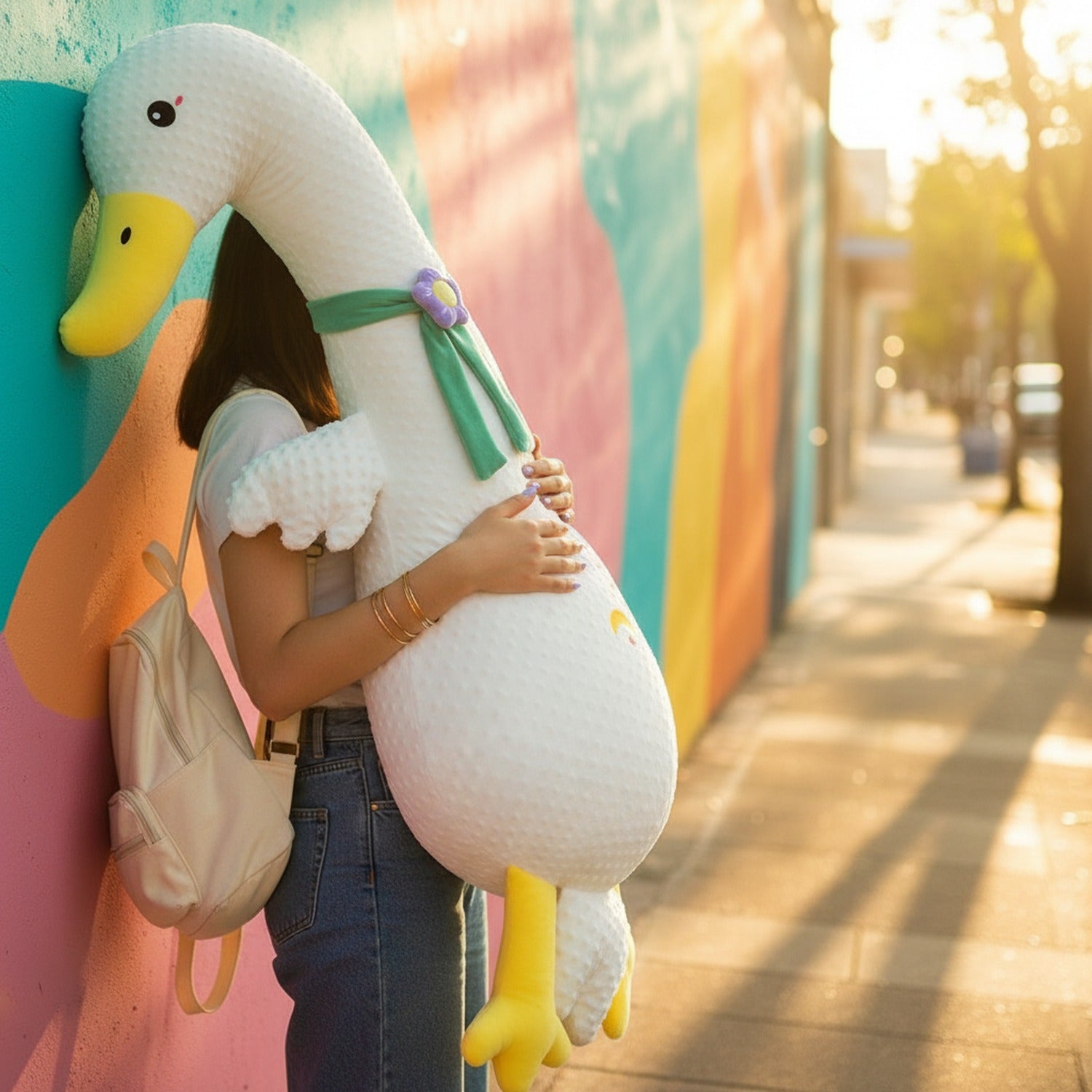 Cream Duck Plush Toy With Flower Ribbon