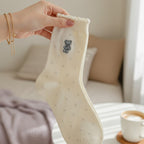 Cream Teddy Bear Embroidered Crew Socks