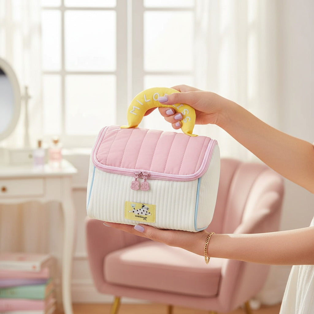 Pink & Cream Quilted Cosmetic Bag With Yellow Handle