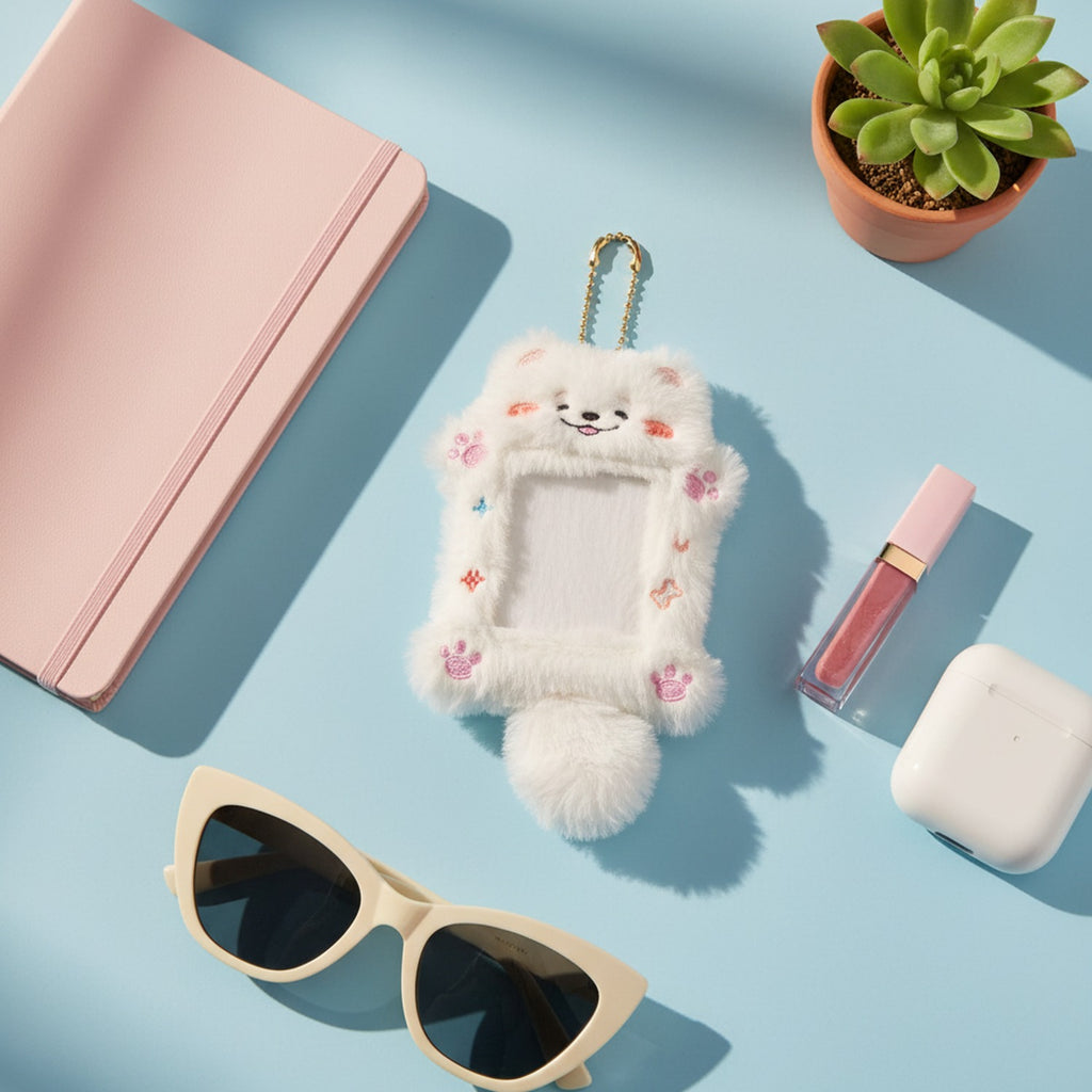 Fluffy White Cat Phone Charm With Mirror
