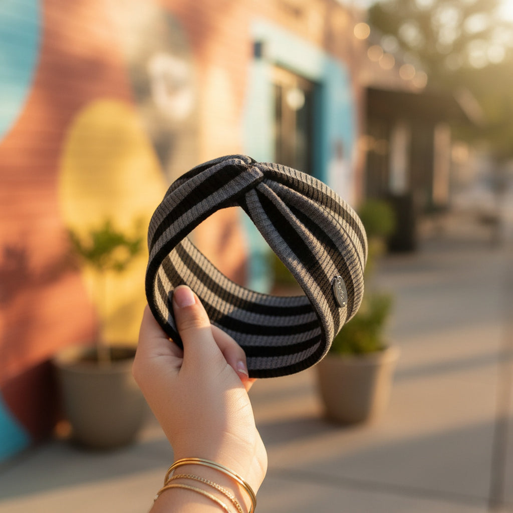 Striped Ribbed Knit Headwrap With Bow