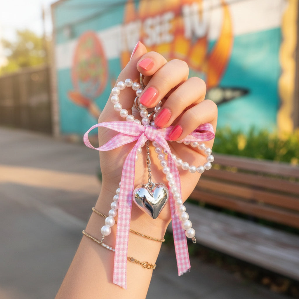 Pearl Beaded Heart Charm Keyring With Pink Bow