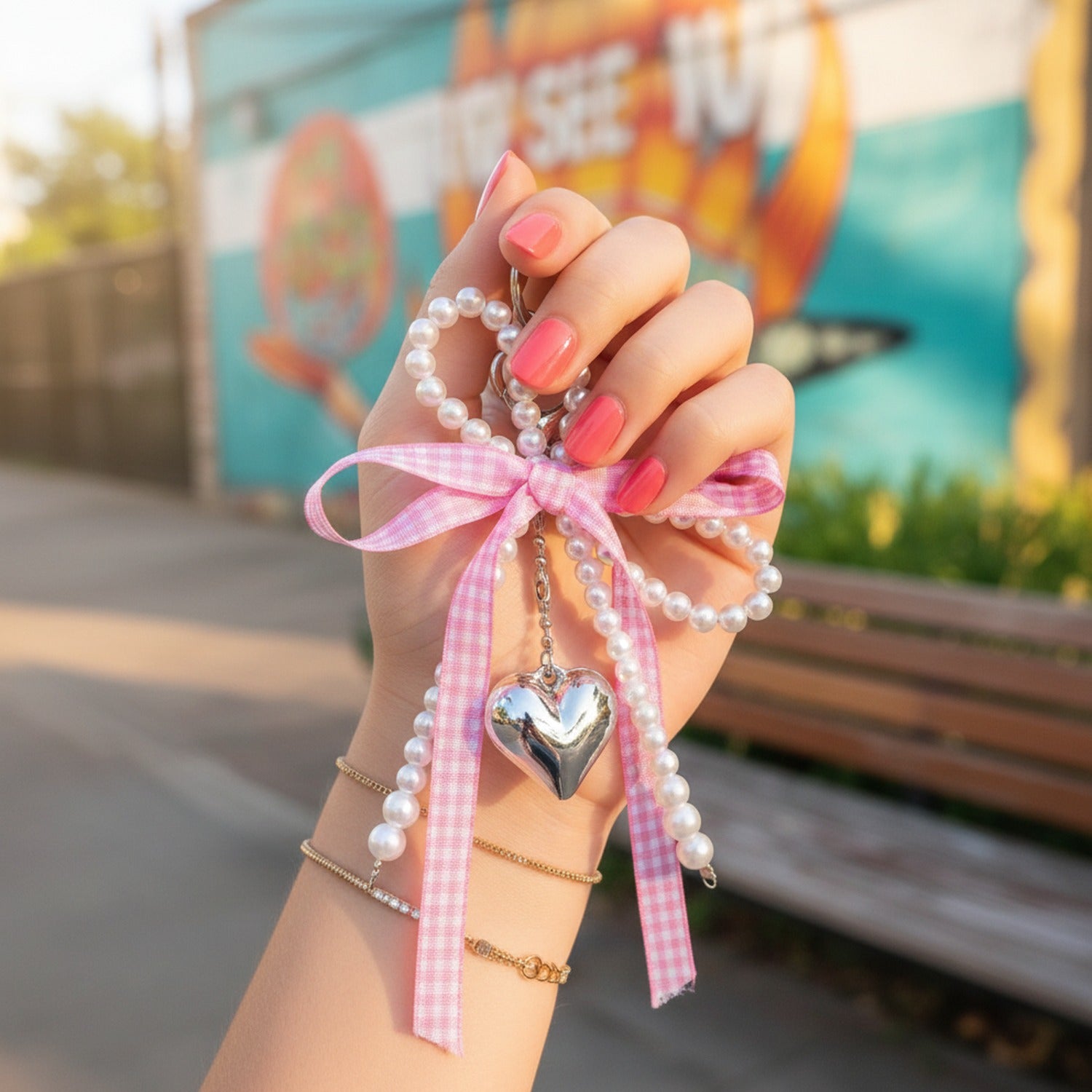 Pearl Beaded Heart Charm Keyring With Pink Bow
