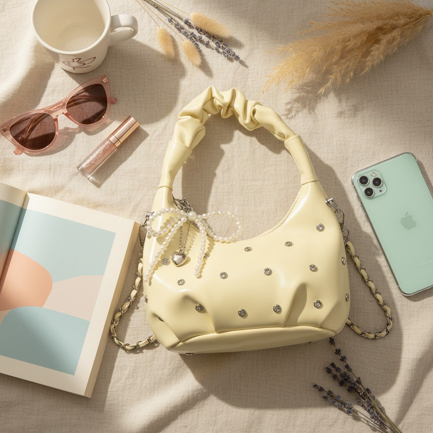 Cream Patent Hobo Bag With Pearl Drape Charms