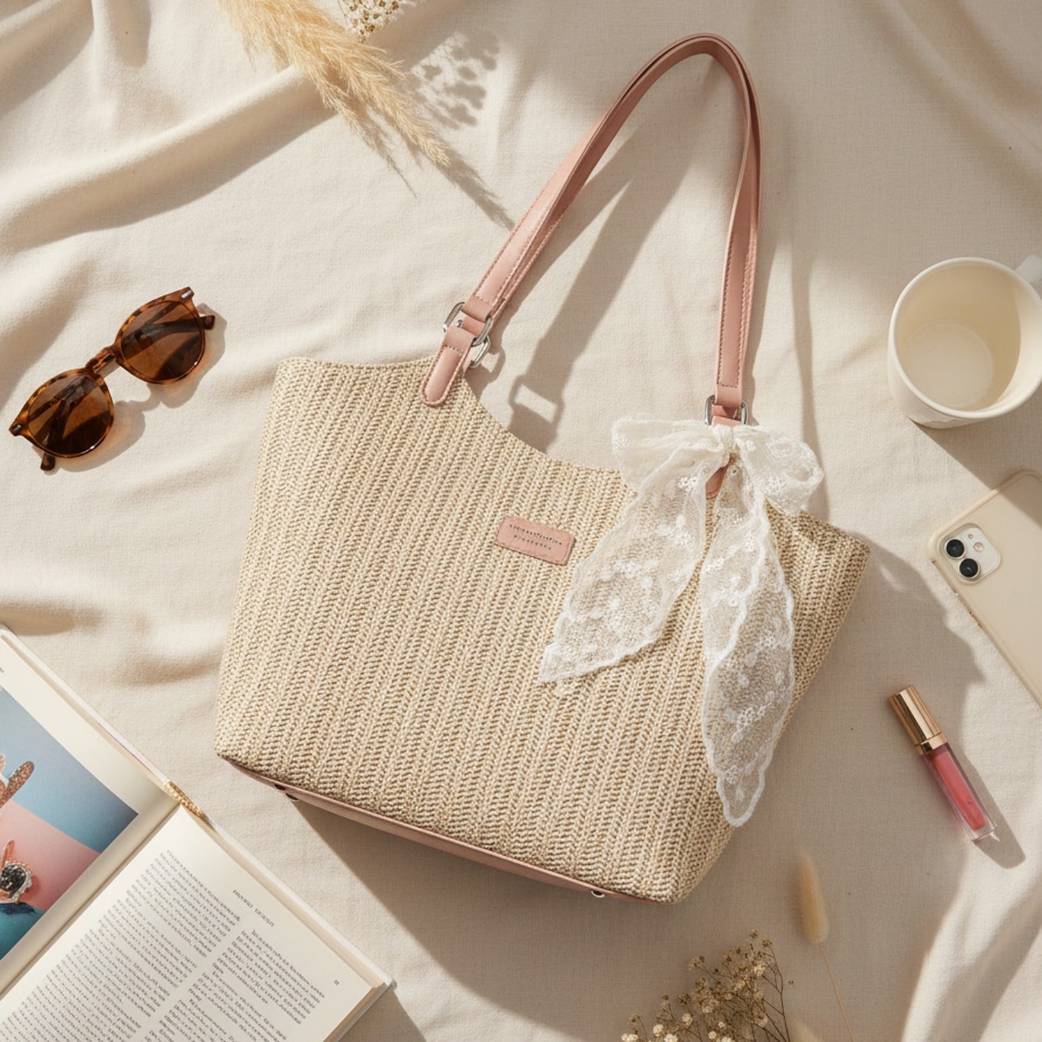 Cream Woven Tote Bag With Lace Scarf
