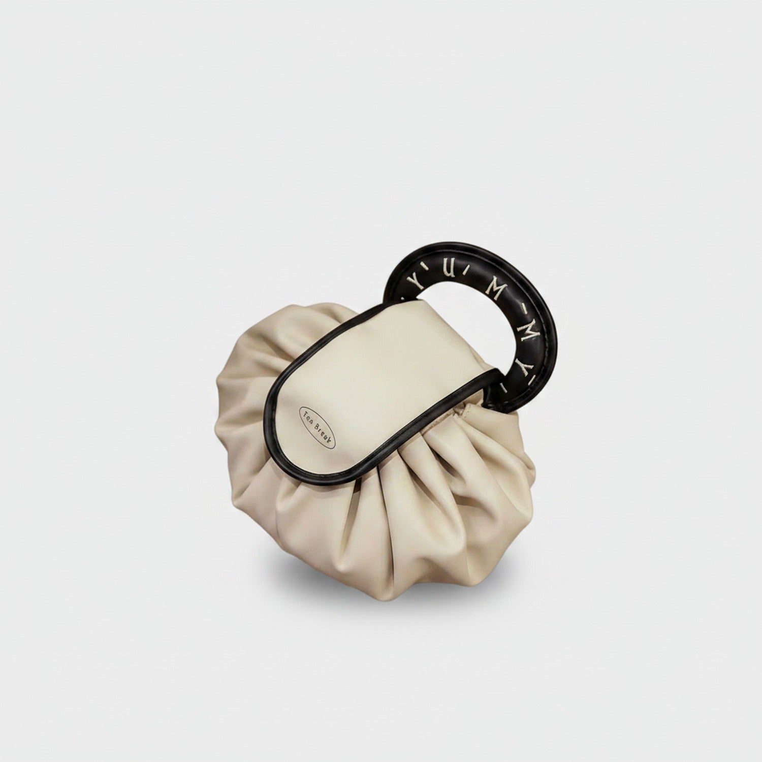Cream Pleated Cosmetic Bag with Roman Numeral Mirror