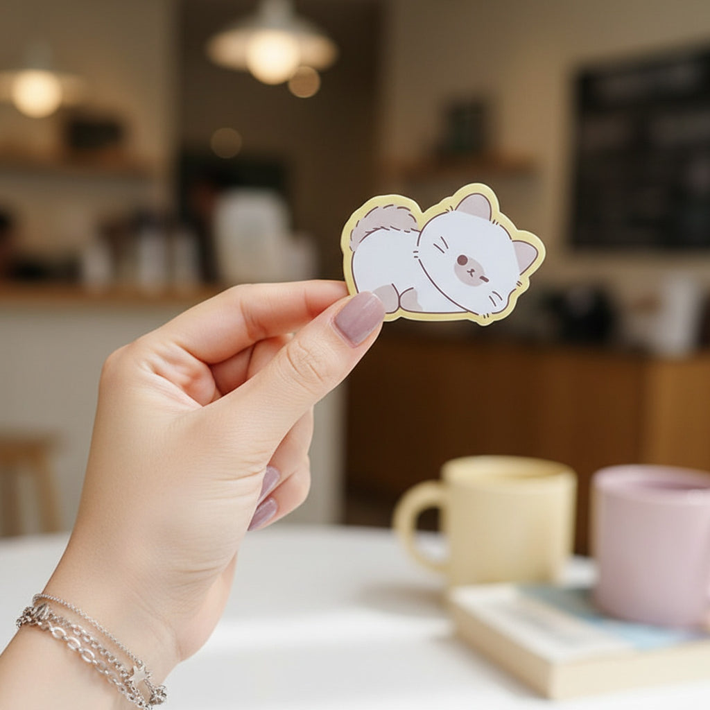 Cute Cat Kawaii Sticker Badge Yellow Border