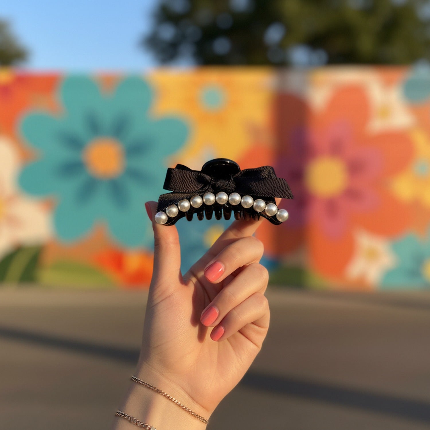 Black Pearl Beaded Hair Claw Clip With Bow