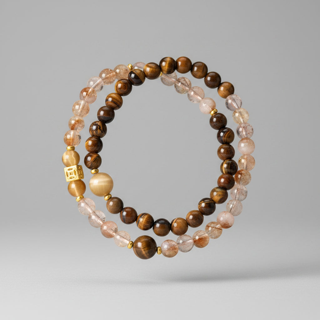 Beaded Bracelet Set Tiger Eye Stone Gold Accents