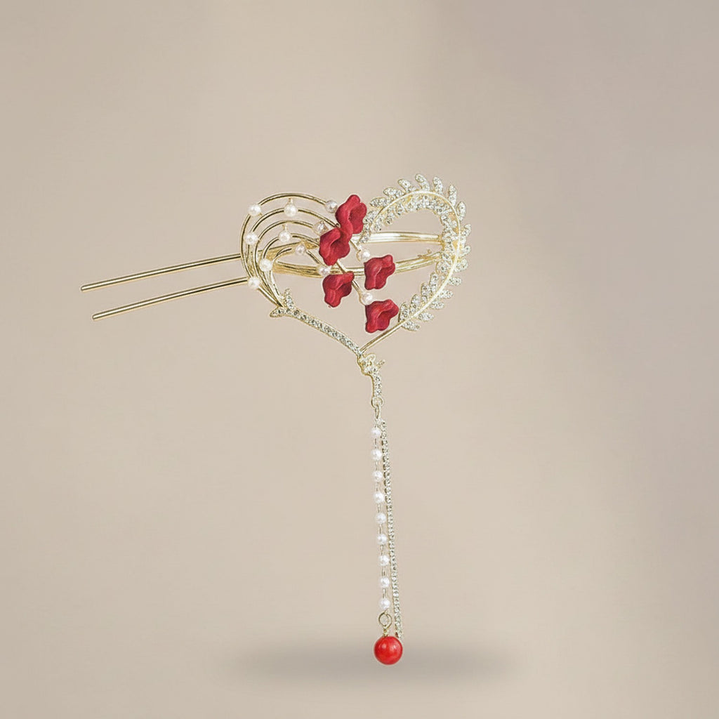 Red Flower Heart Hair Claw With Pearl Chain
