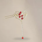 Red Flower Heart Hair Claw With Pearl Chain