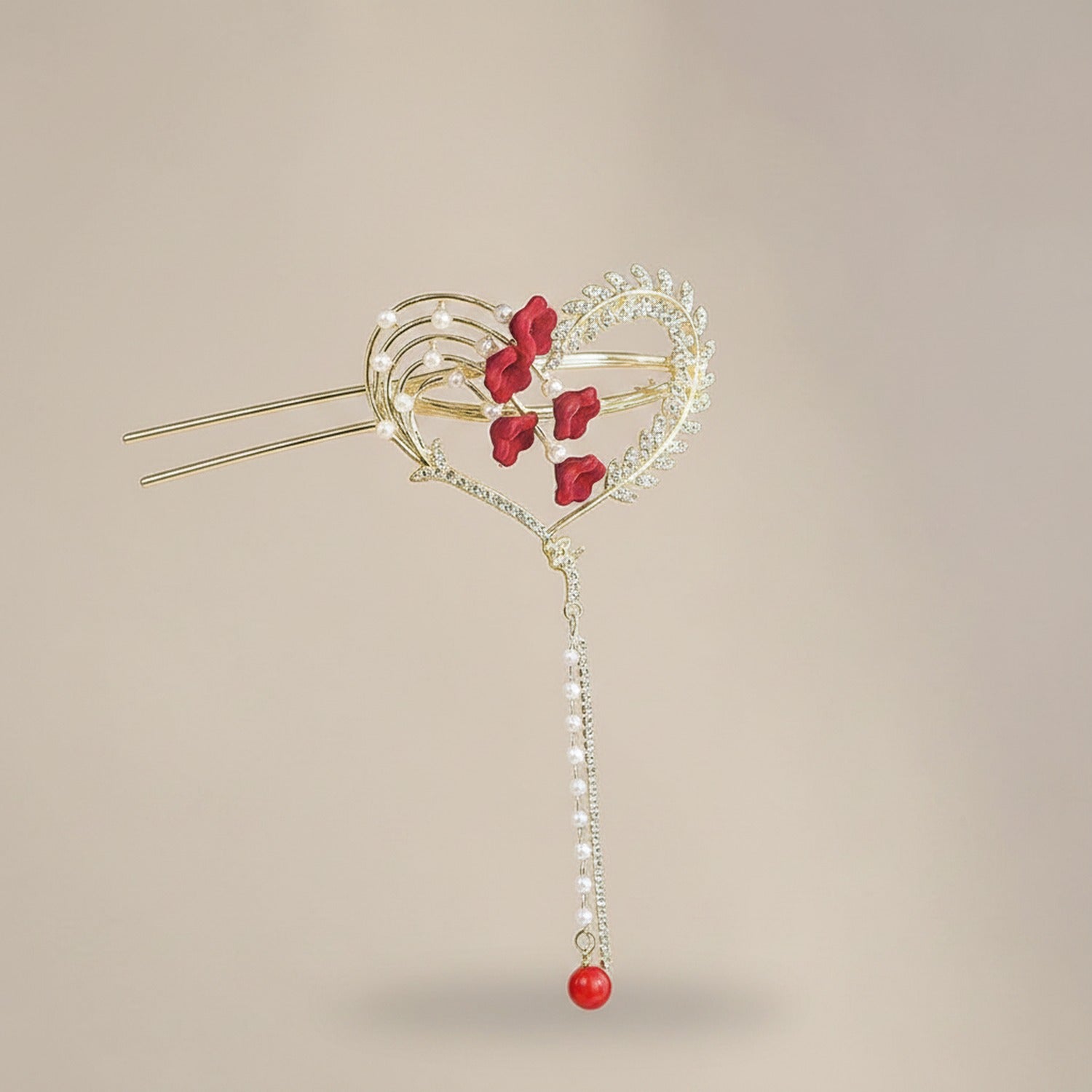 Red Flower Heart Hair Claw With Pearl Chain