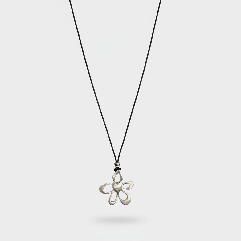 Silver Flower Pearl Pendant Cord Necklace