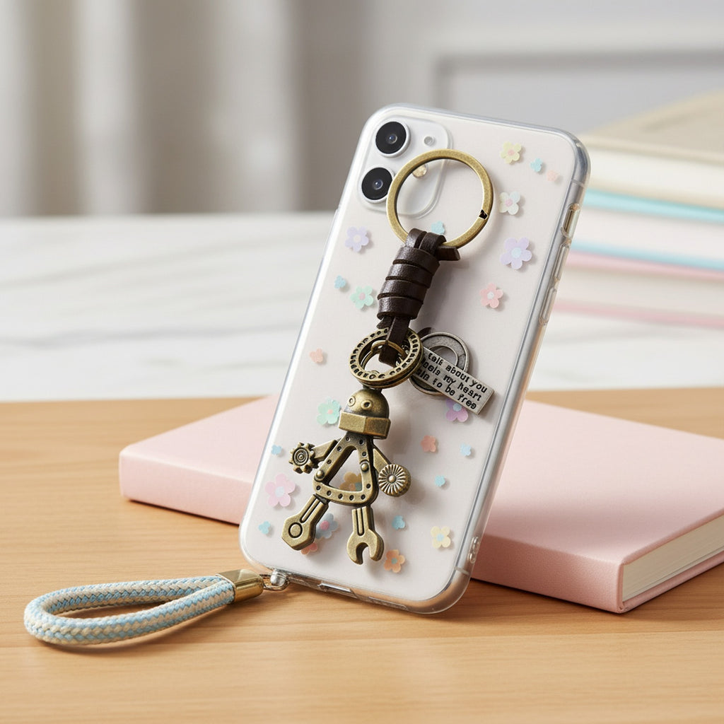 Steampunk Robot Brass Charm Keyring