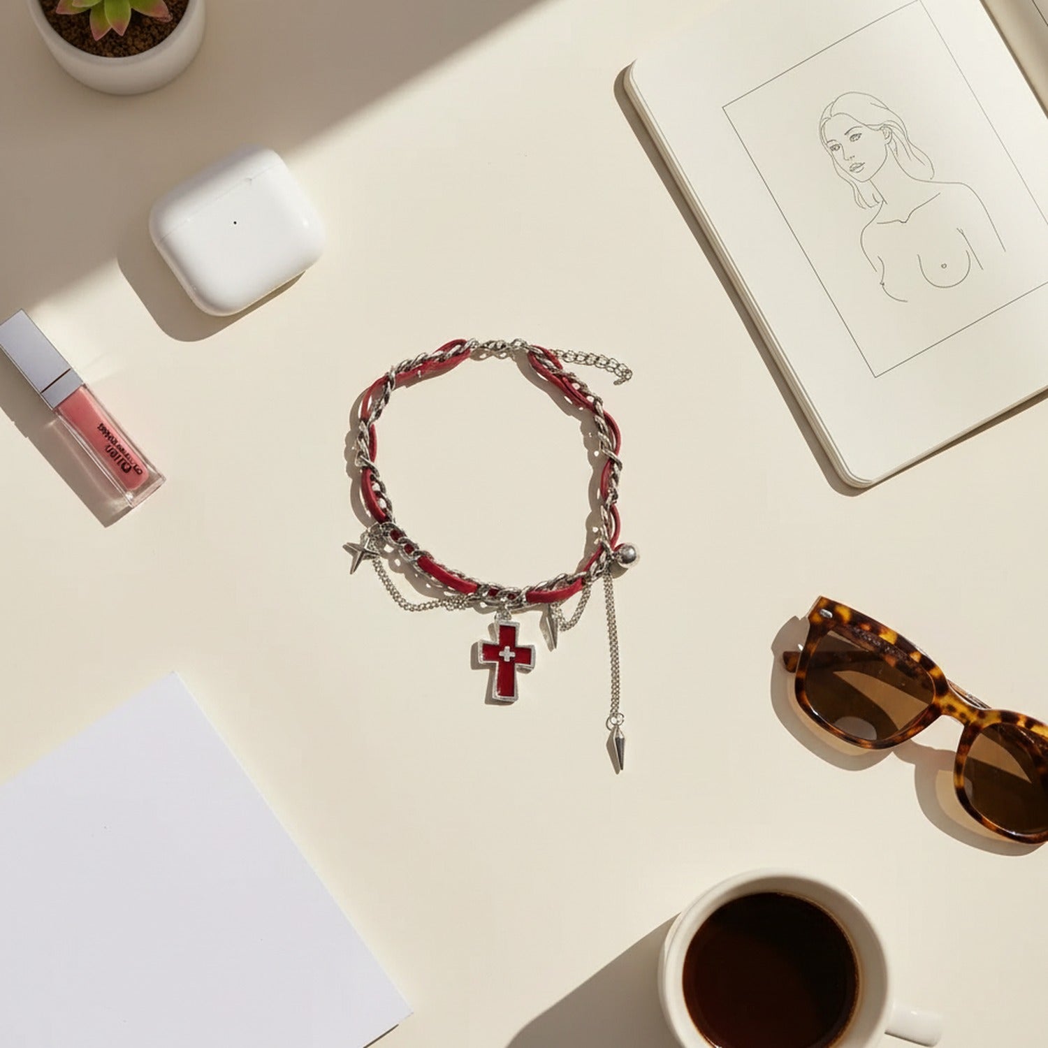 Red Ribbon Chain Cross Charm Necklace
