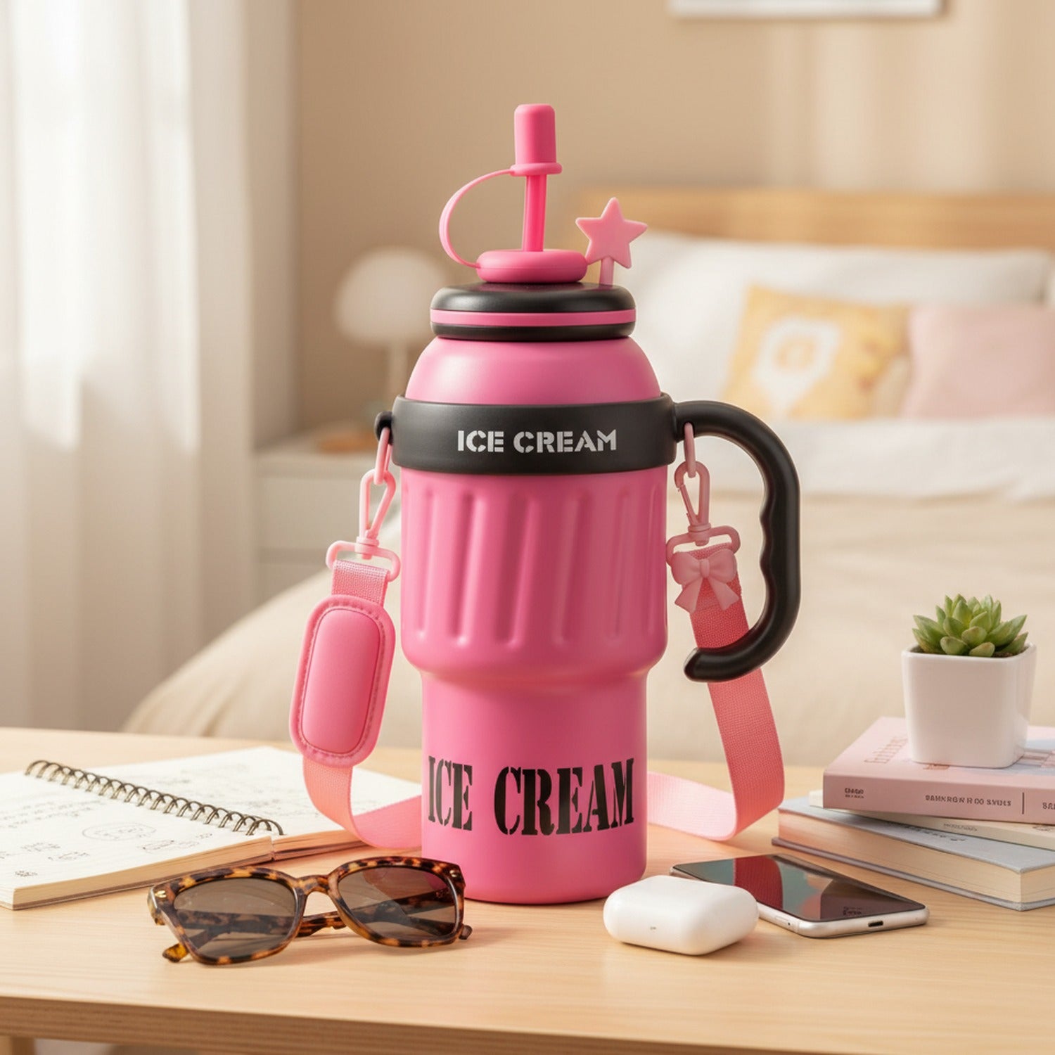 Pink Ice Cream Tumbler With Straw Handle