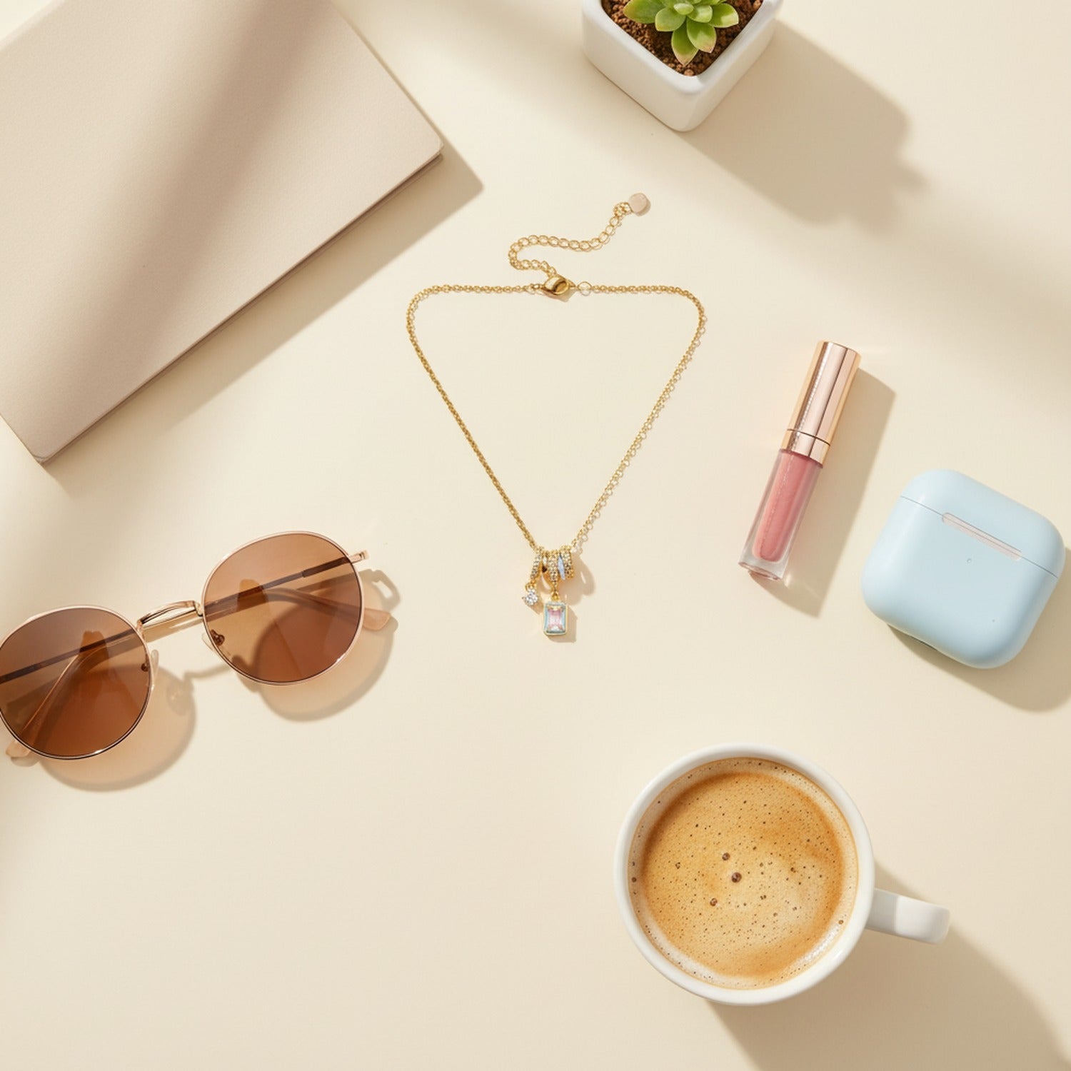 Gold Rectangular Gemstone Charm Pendant Necklace