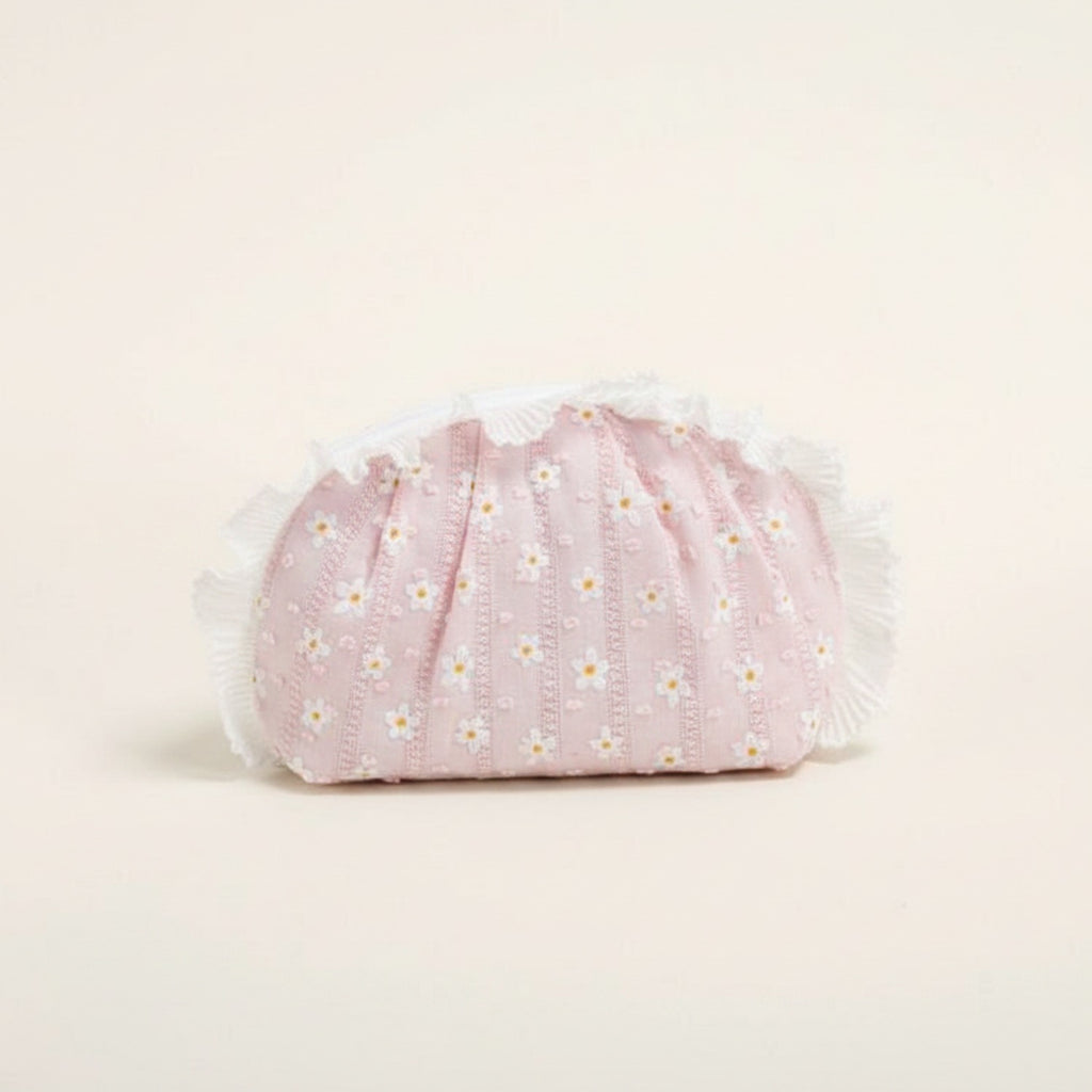 Pink Daisy Flower Quilted Cosmetic Bag With Faux Fur Trim