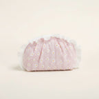 Pink Daisy Flower Quilted Cosmetic Bag With Faux Fur Trim