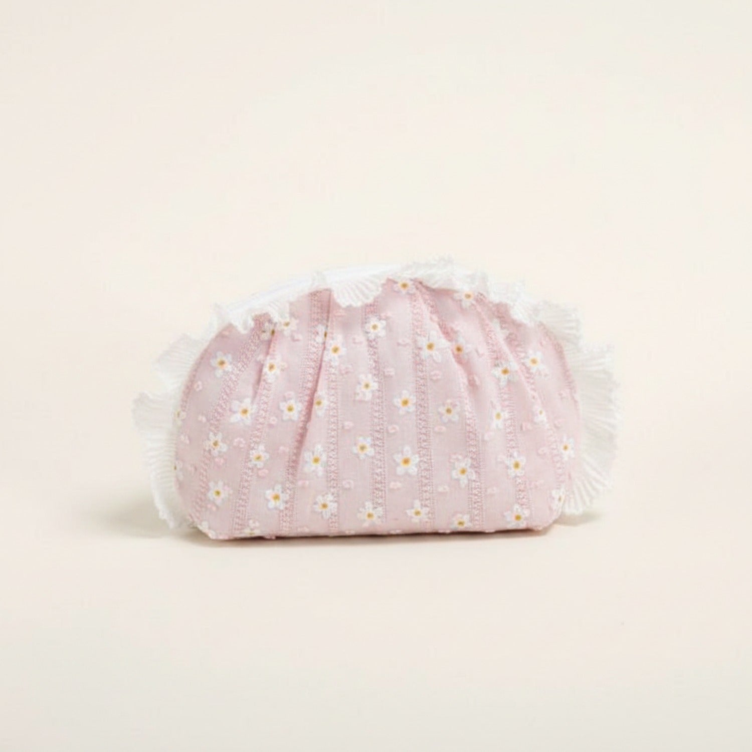 Pink Daisy Flower Quilted Cosmetic Bag With Faux Fur Trim