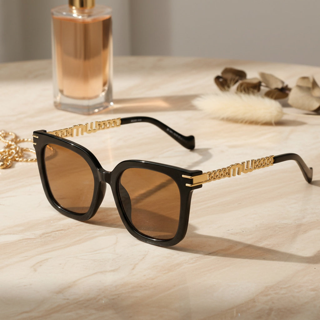 Black Square Sunglasses With Gold Chain Arms