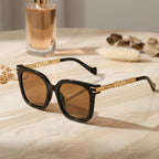 Black Square Sunglasses With Gold Chain Arms