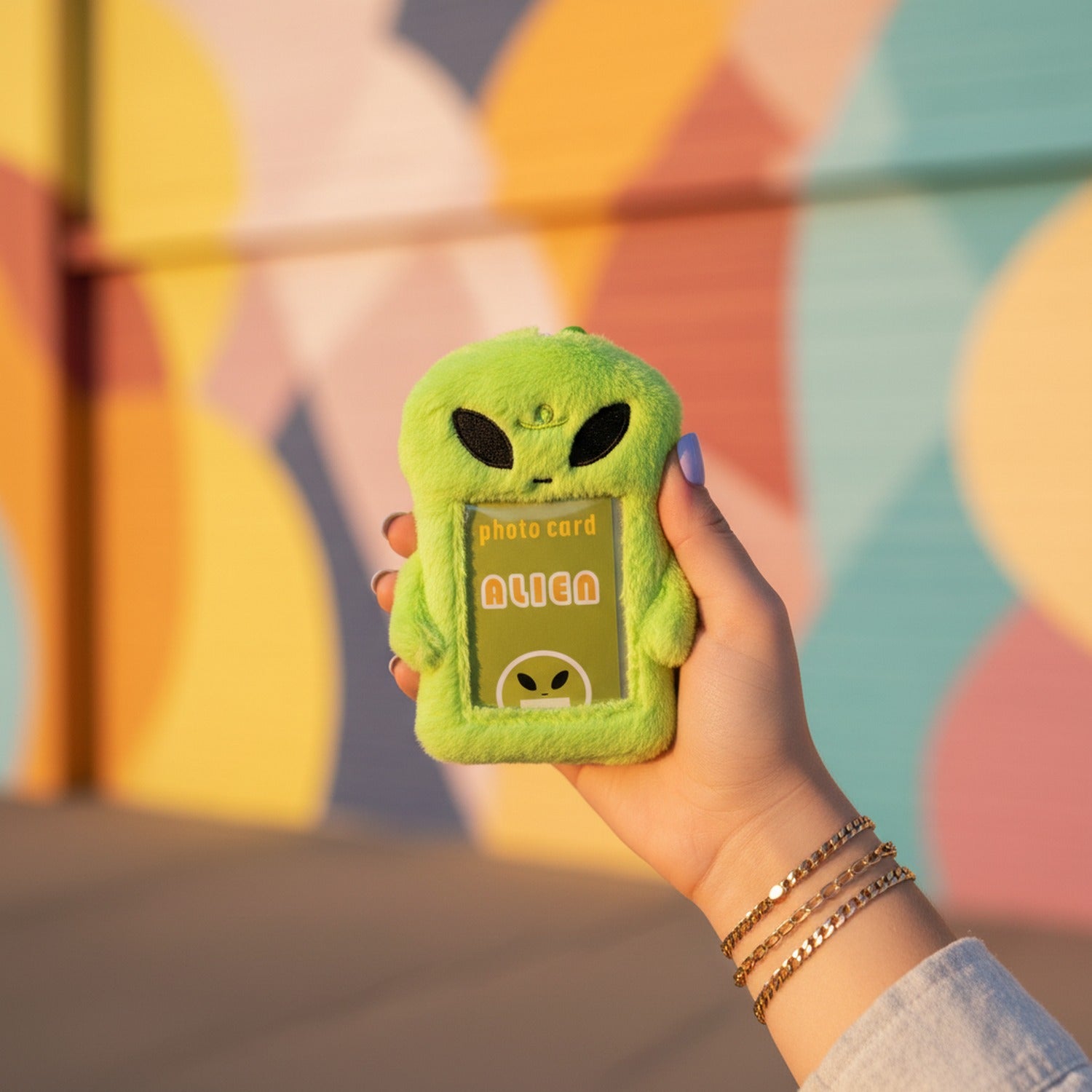 Lime Green Fuzzy Alien Photo Card Charm