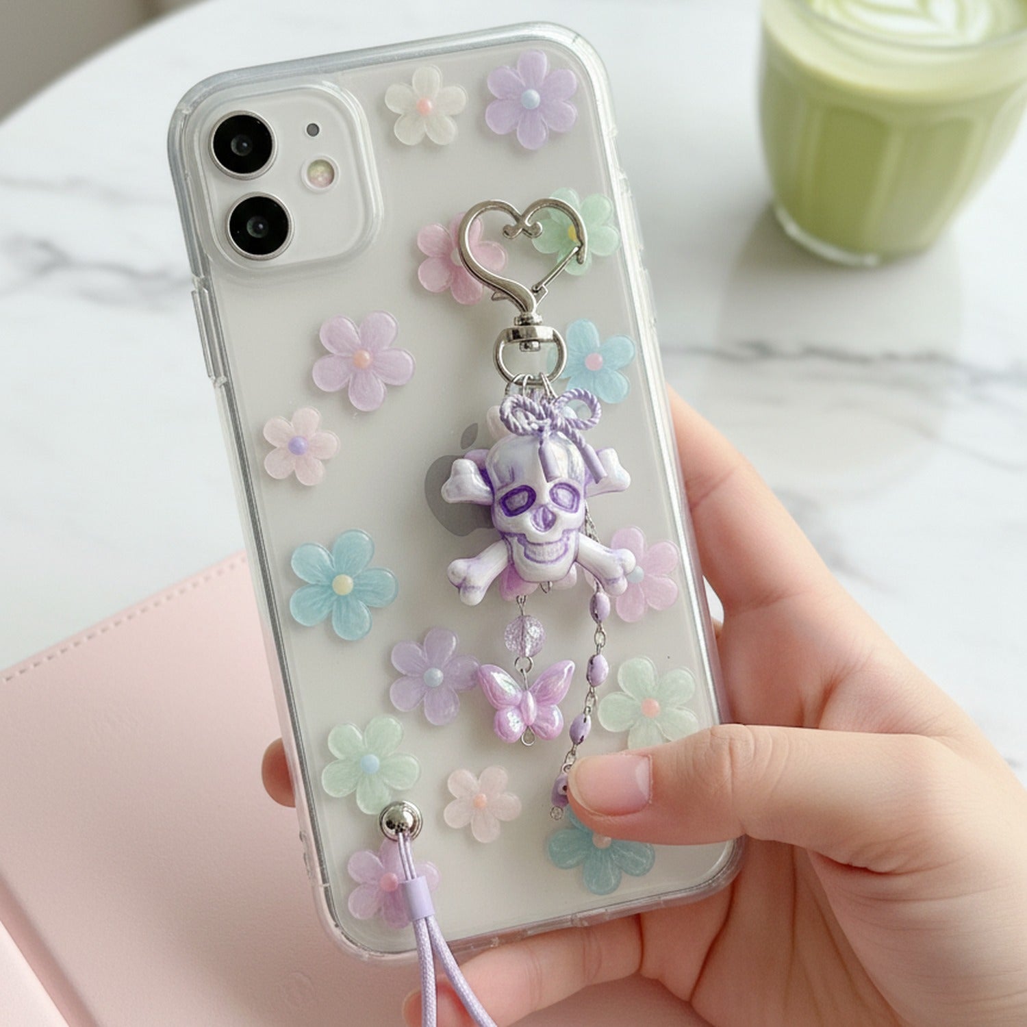Purple Skull Acrylic Keyring With Butterfly Charm