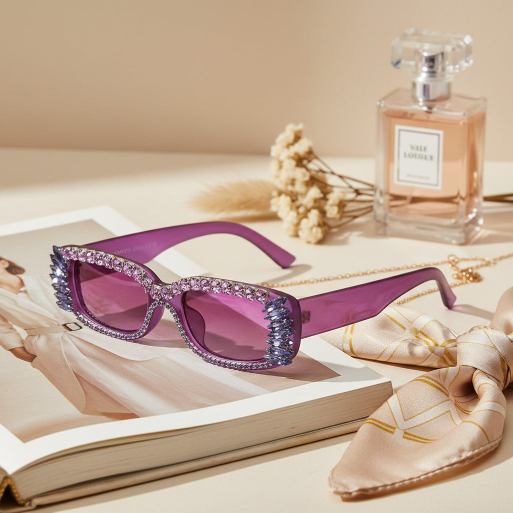 Purple Glitter Oval Sunglasses With Spike Eyelash Details
