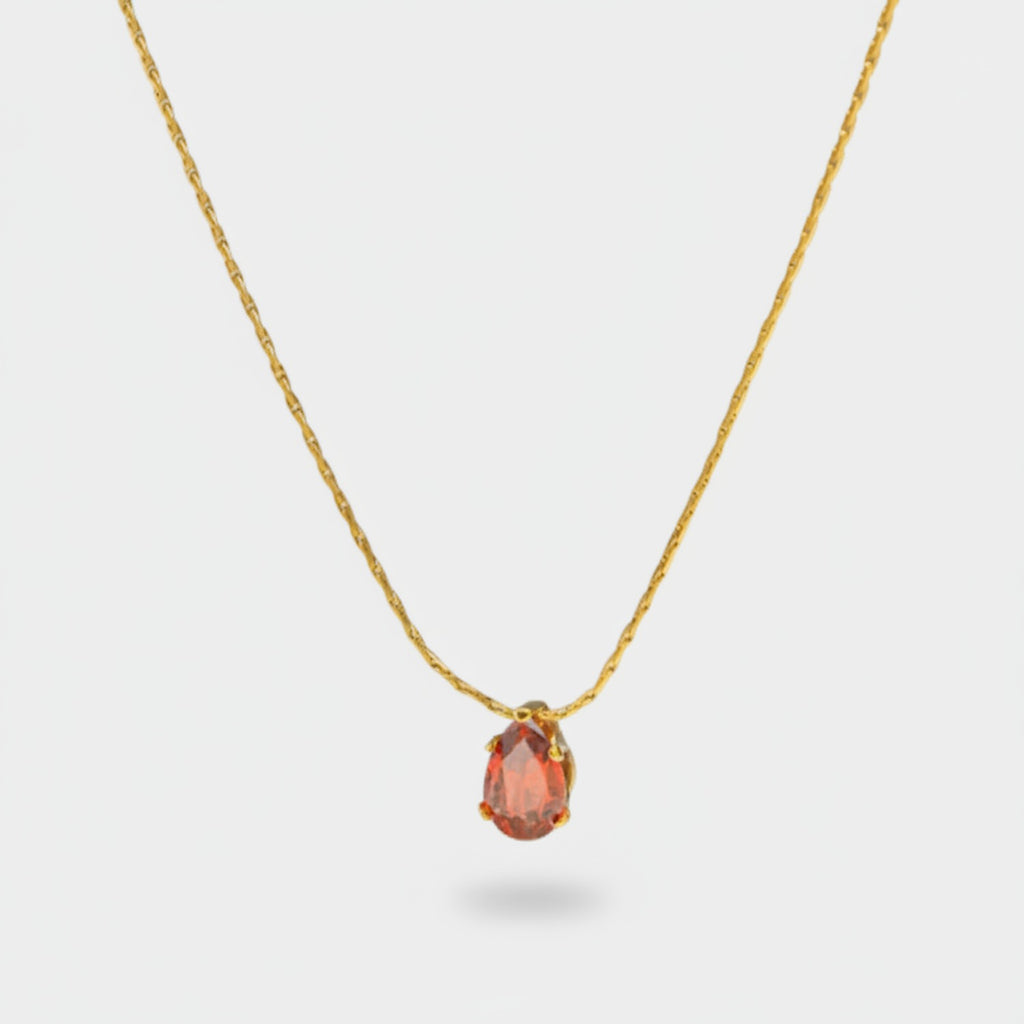 Coral Teardrop Crystal Gold Chain Necklace