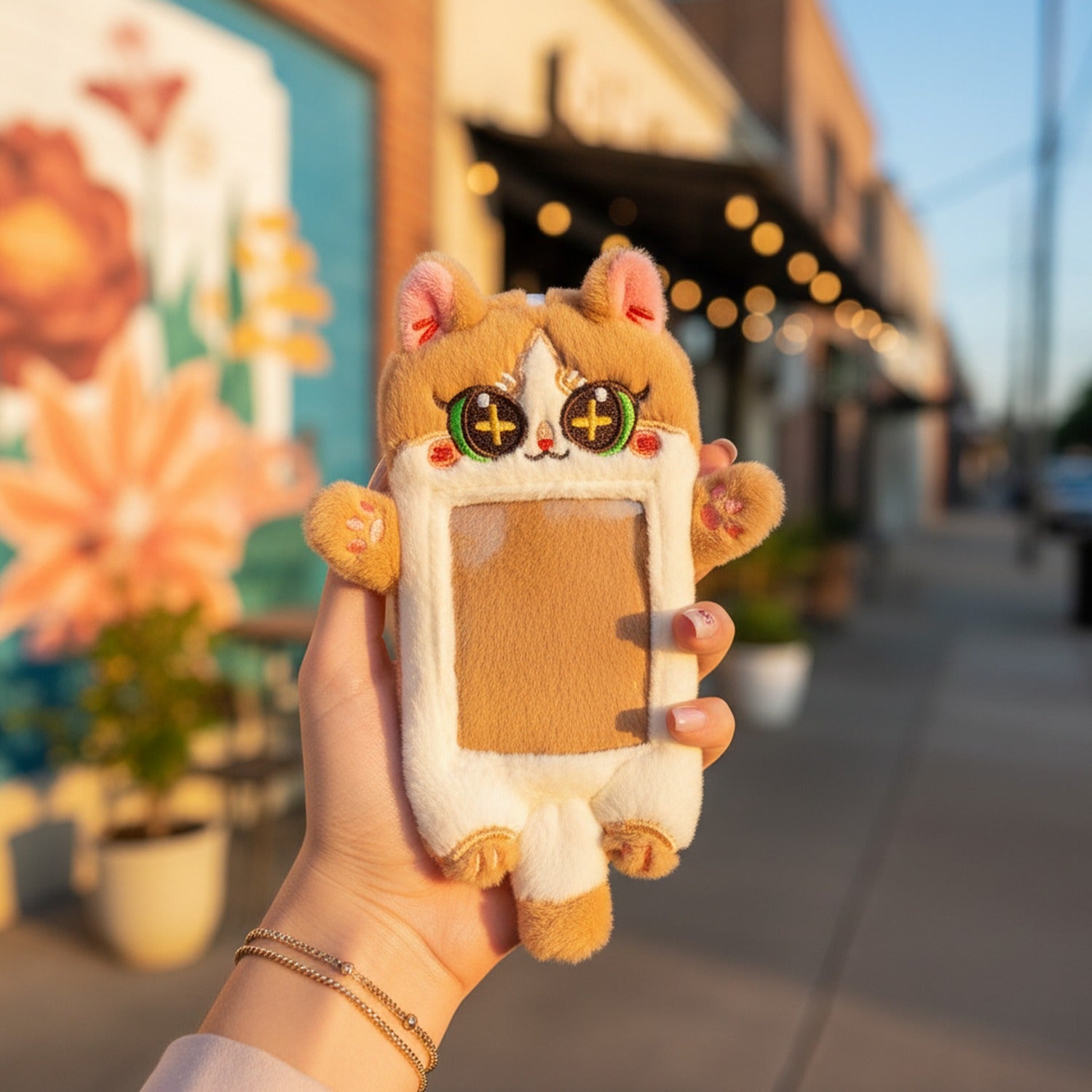 Cute Cat Plush Phone Charm With Ears - Gray Cat Card Holder