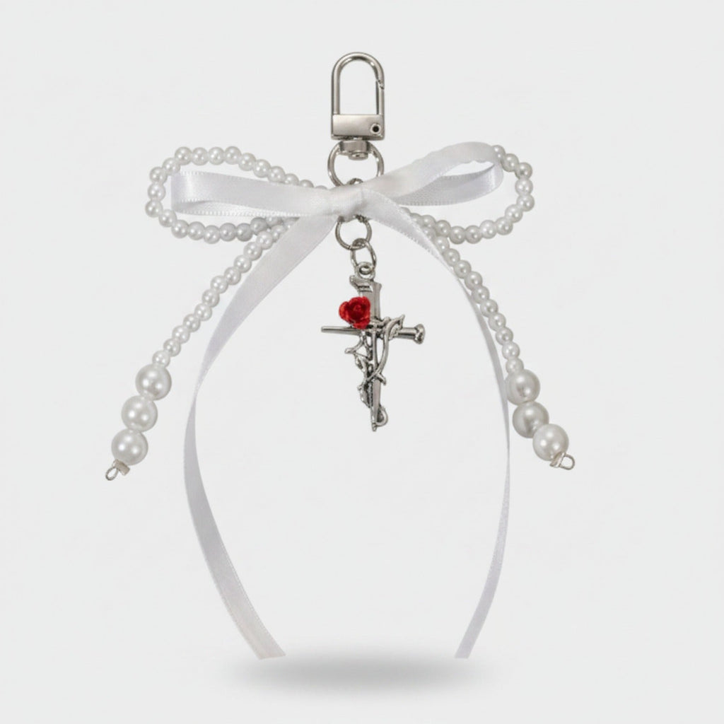 Pearl Bow Cross Keychain Charm - White 1-Pack – novelty & toys (view 3)