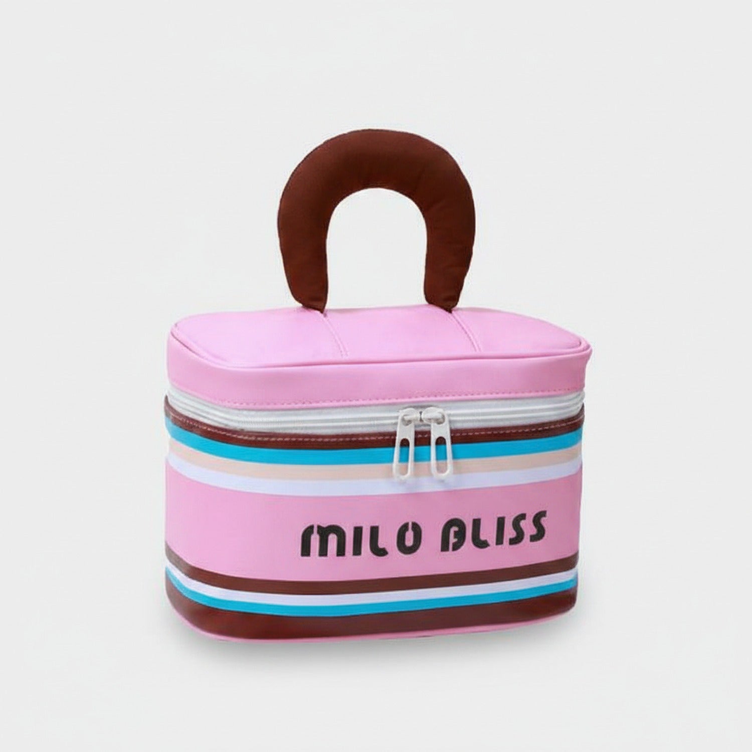 Striped Layered Cosmetic Case With Brown Handle