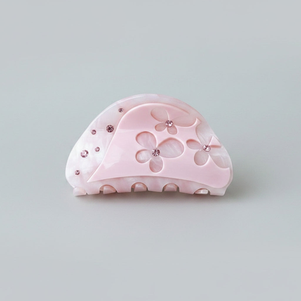 Pink Flower Rhinestone Hair Claw Clip
