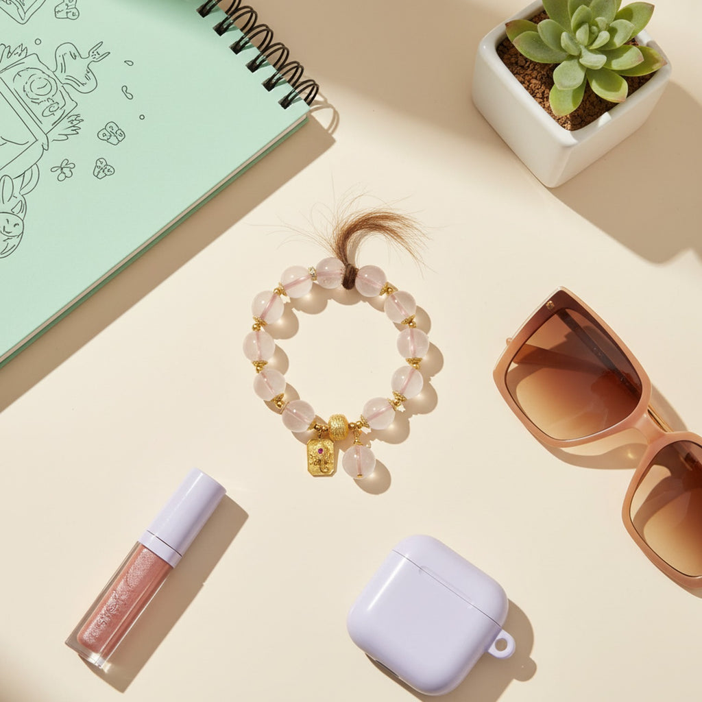 Rose Quartz Beaded Charm Bracelet Gold