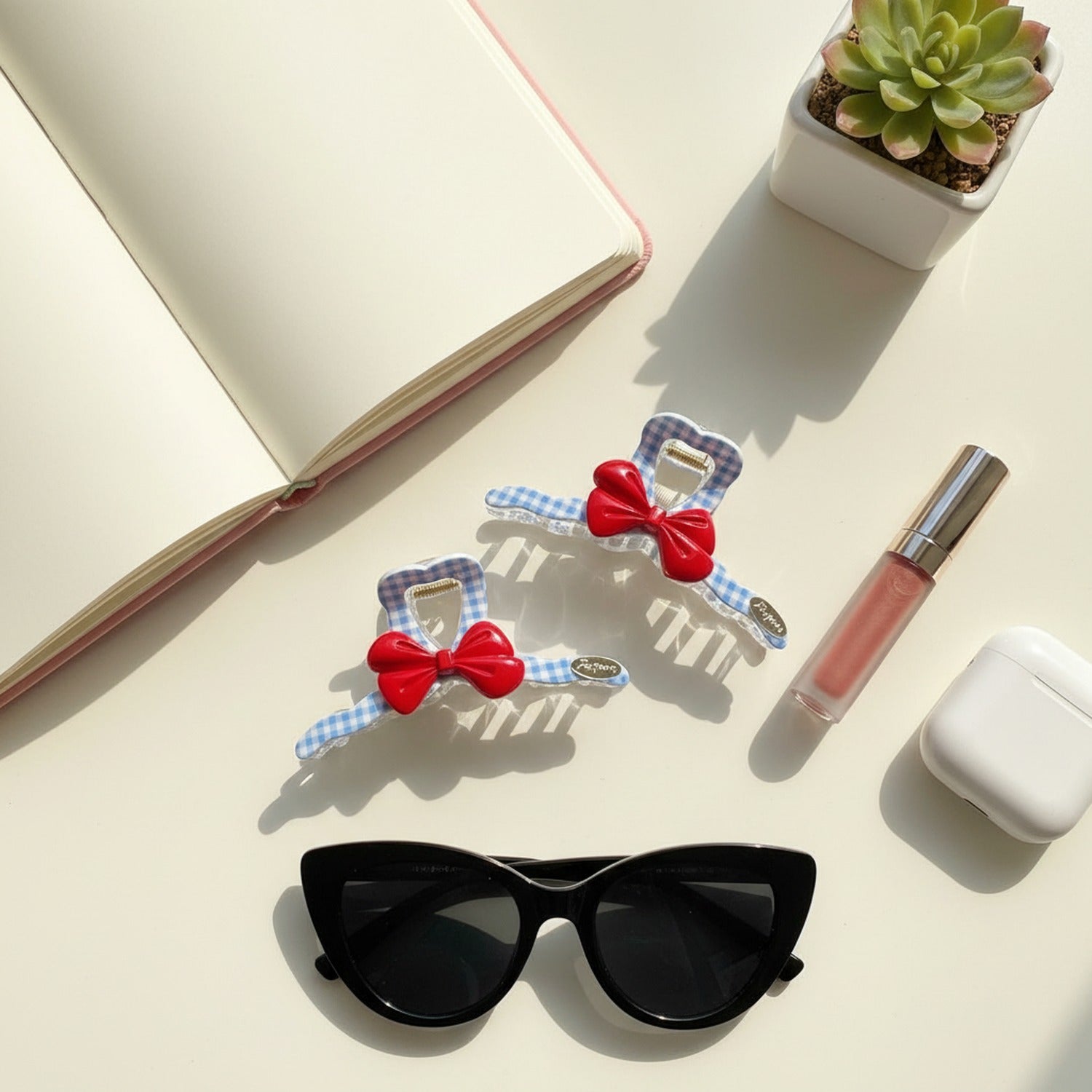 Blue Gingham Hair Claw With Red Bow