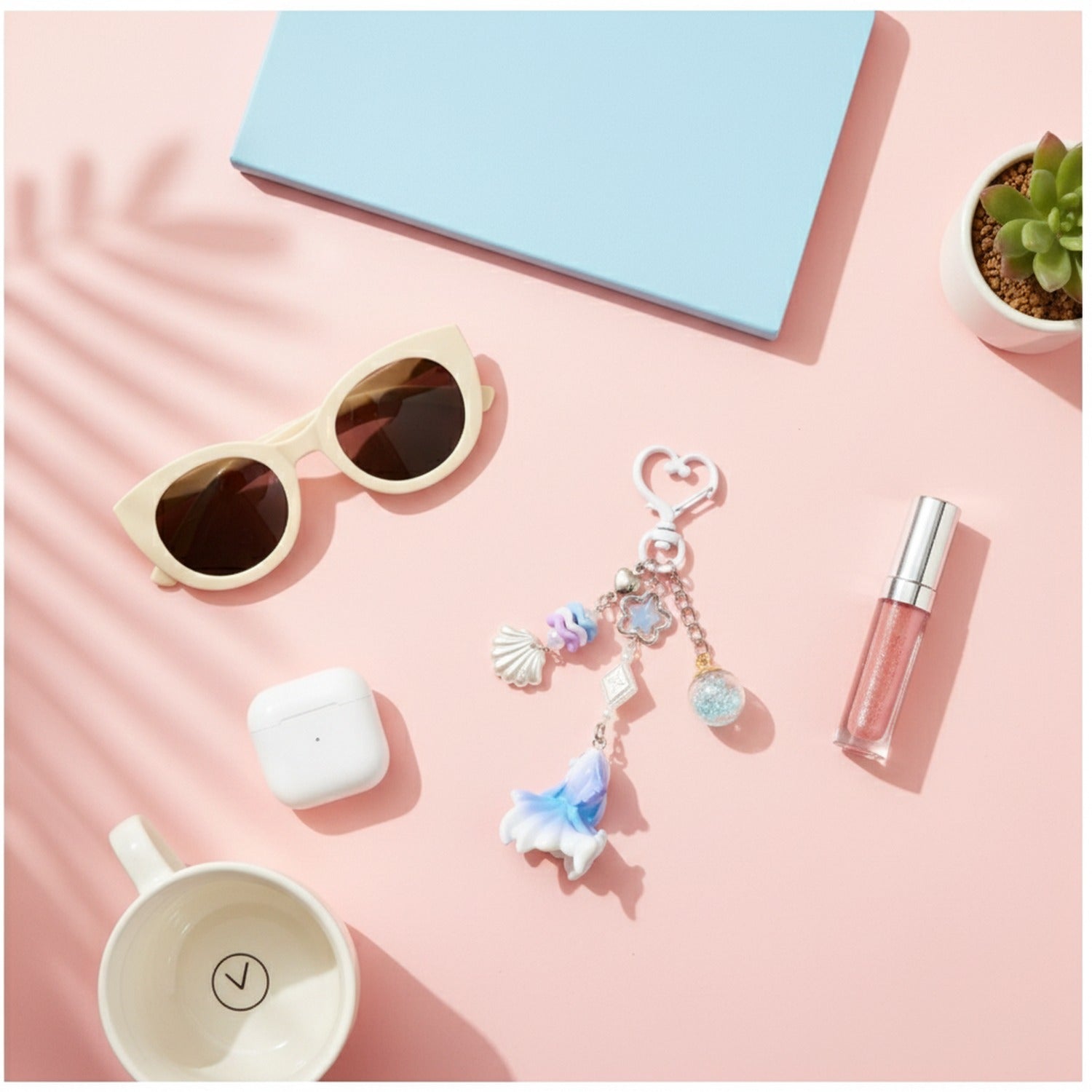 Pink Flower Charm Acrylic Keyring With Heart Top