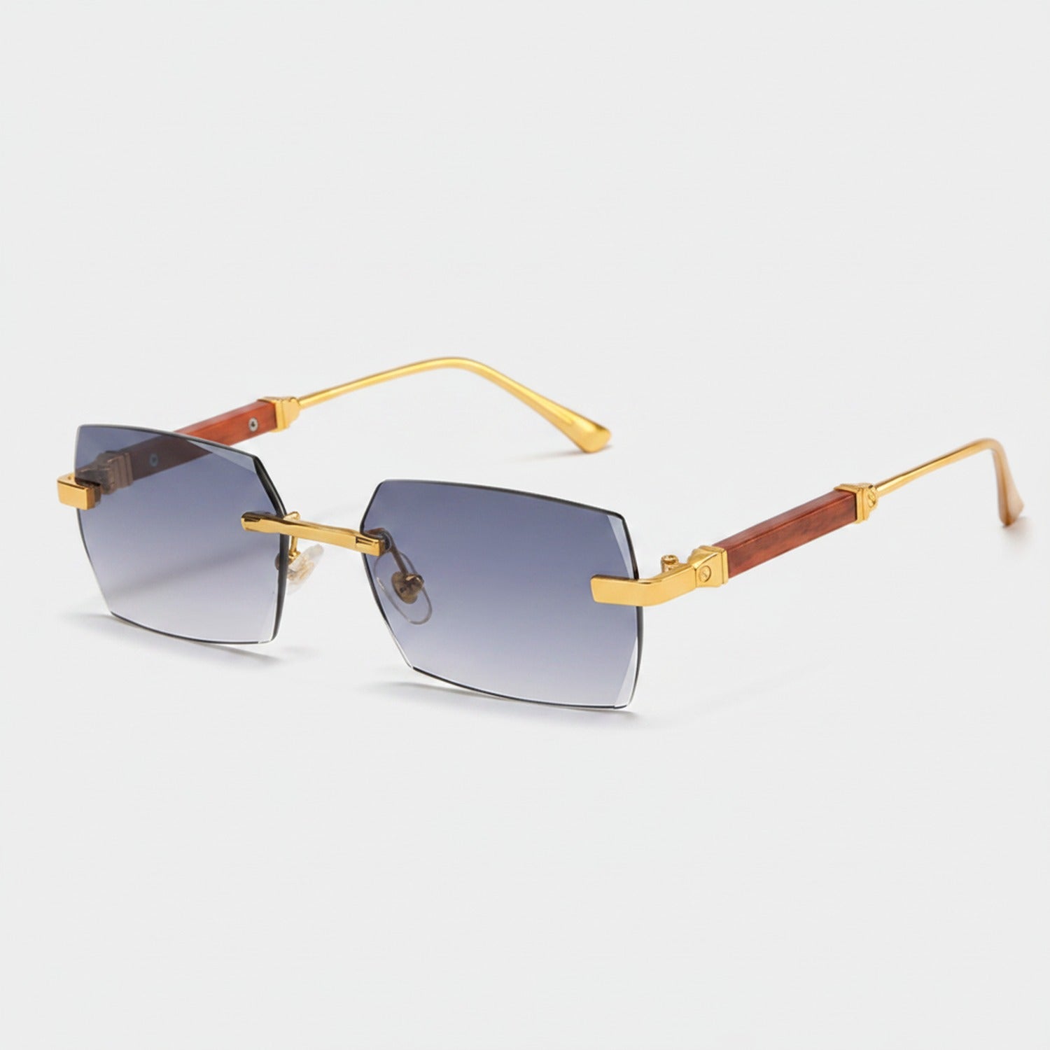 Rectangular Gold Metal Wood Temple Sunglasses