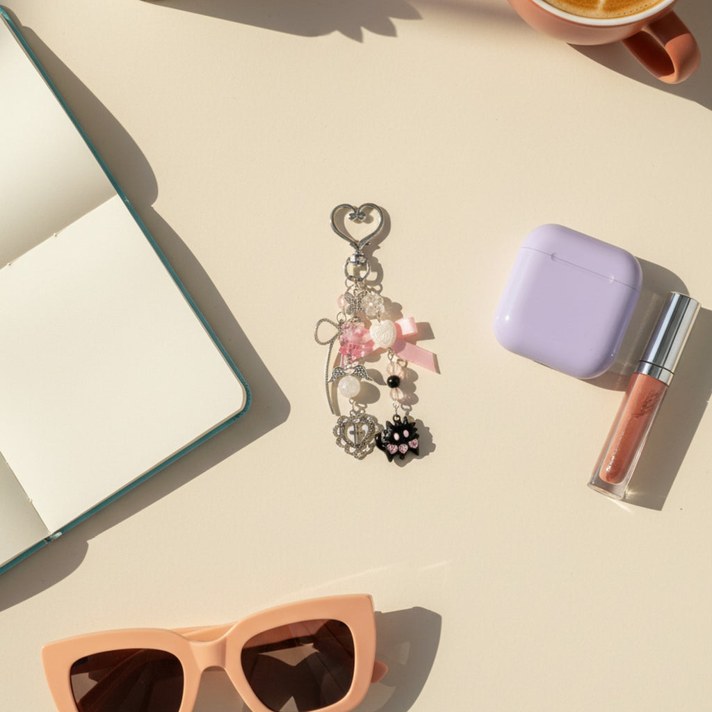 Pink Heart Charm Acrylic Keyring With Butterfly And Cross