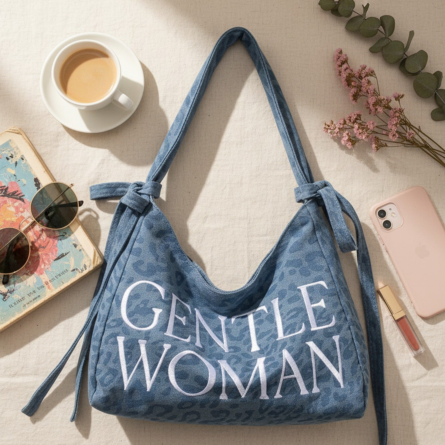 Denim Shoulder Tote Bag With Drawstring Closure